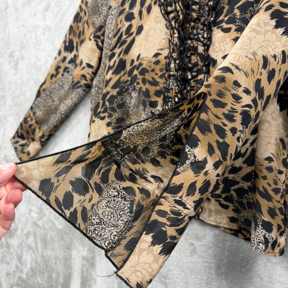 Unbranded Leopard Print Blouse Womens XL Tan Black Ruffle V-Neck Long Sleeve Top - Picture 4 of 9